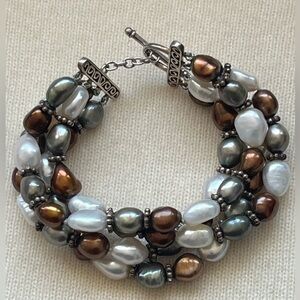 Signed BJ 925 Sterling Silver Cultured Multi Colored Pearl 4 Row Toggle Bracelet